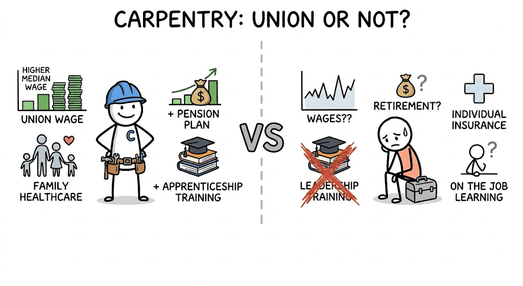 Union vs. Non-Union Carpentry Career Comparison Illustration