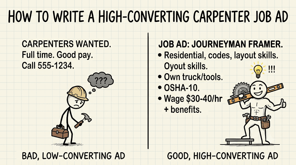 Comparing a generic carpenter job ad to a highly converting, specific advertisement.