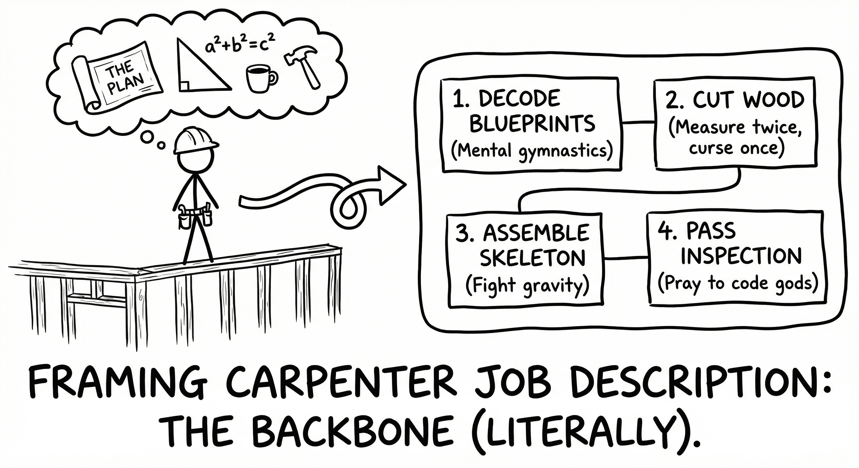 Humorous illustration of the framing carpenter job description workflow